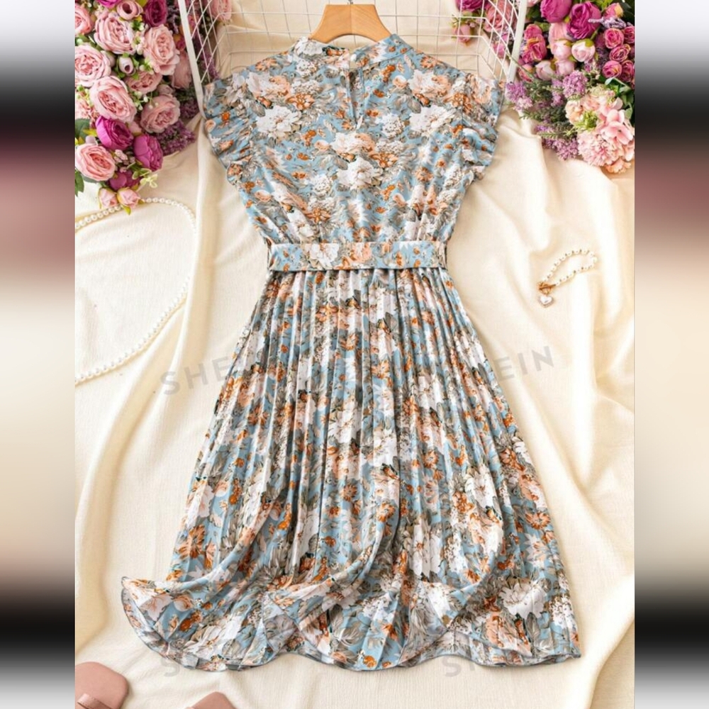 Frenchy Floral Print Stand Collar Pleated Waist Holiday Dress